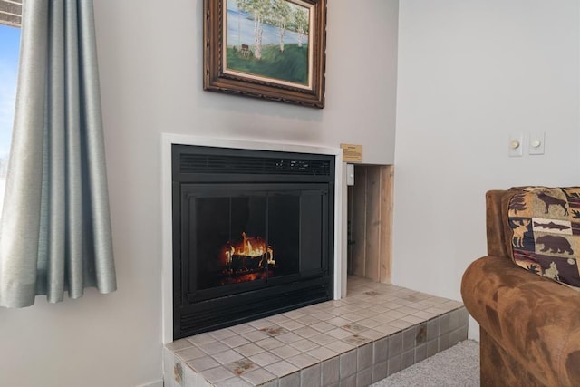 details featuring baseboards and a lit fireplace