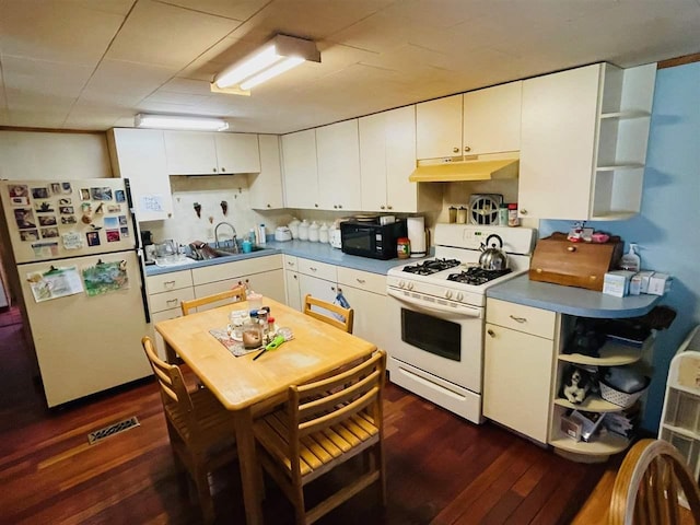 4635 Mohrmann Rd, Central Lake, MI 49622 - kitchen featuring open shelves, a sink, dark wood-style flooring, white appliances, and under cabinet range hood
