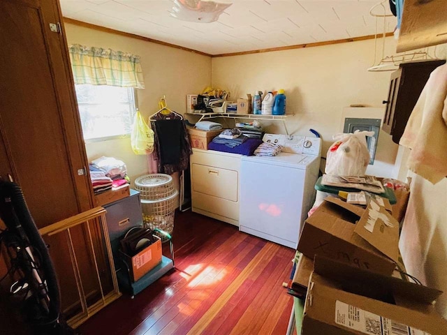 4635 Mohrmann Rd, Central Lake, MI 49622 - laundry room with laundry area, hardwood / wood-style floors, crown molding, and washing machine and dryer