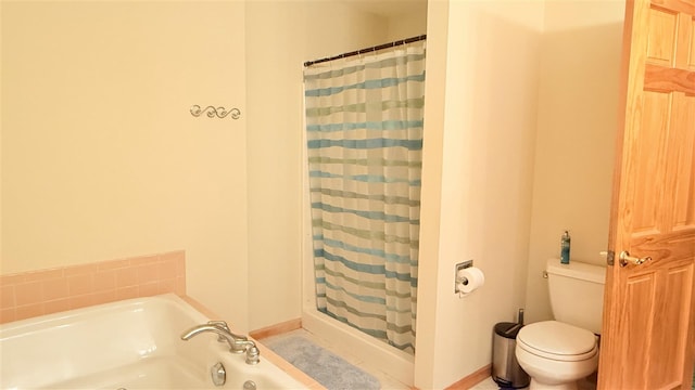 9196 NW Manley Rd, Alden, MI 49612 - bathroom with toilet, a bath, and a shower with shower curtain