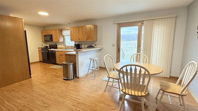 9196 NW Manley Rd, Alden, MI 49612 - kitchen featuring light wood-style flooring, a peninsula, light countertops, and black appliances