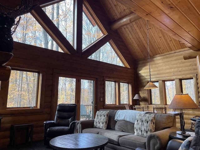 living room with wooden ceiling, high vaulted ceiling, and rustic walls
