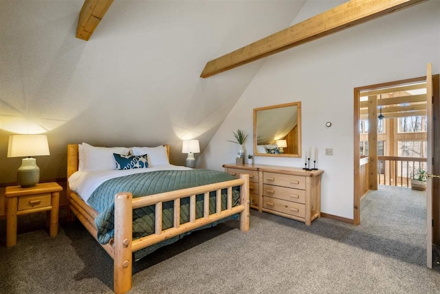 bedroom featuring lofted ceiling with beams, light carpet, and baseboards