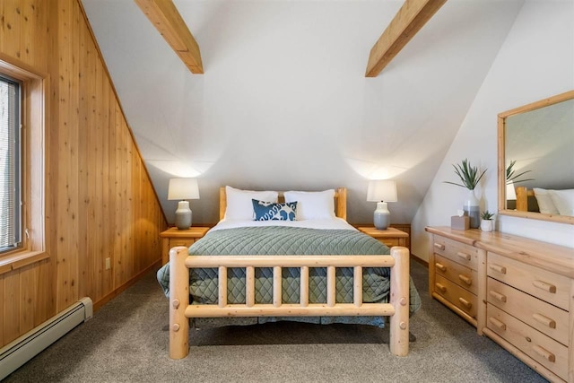 bedroom featuring a baseboard radiator, carpet floors, and vaulted ceiling with beams