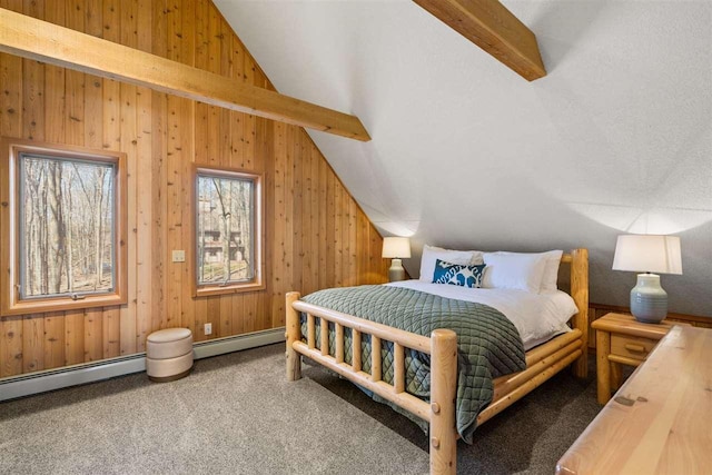 carpeted bedroom with lofted ceiling with beams, wooden walls, and a baseboard heating unit