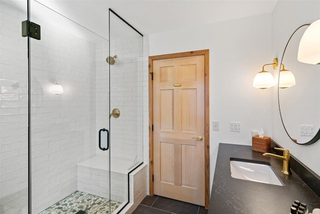 bathroom with a shower stall, vanity, and tile patterned floors