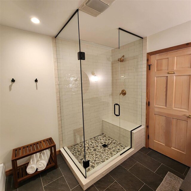 full bath featuring a shower stall, tile patterned floors, visible vents, and recessed lighting