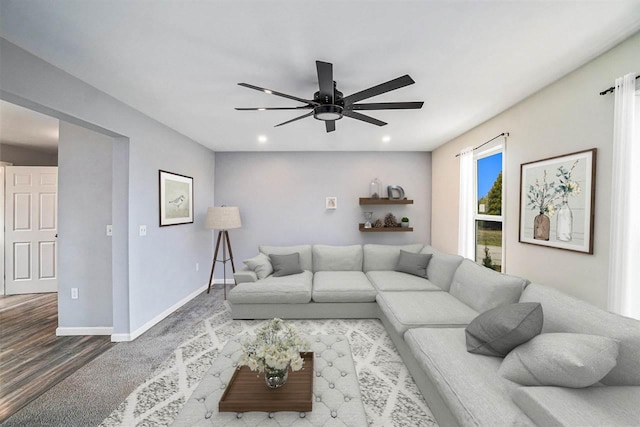 18180 Hilltop Dr, Charlevoix, MI 49720 - living room with a ceiling fan, baseboards, and recessed lighting