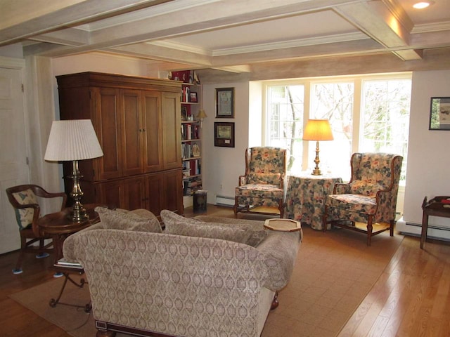 4251 Terpening Rd, Harbor Springs, MI 49740 - living area with beamed ceiling, baseboard heating, wood finished floors, and crown molding
