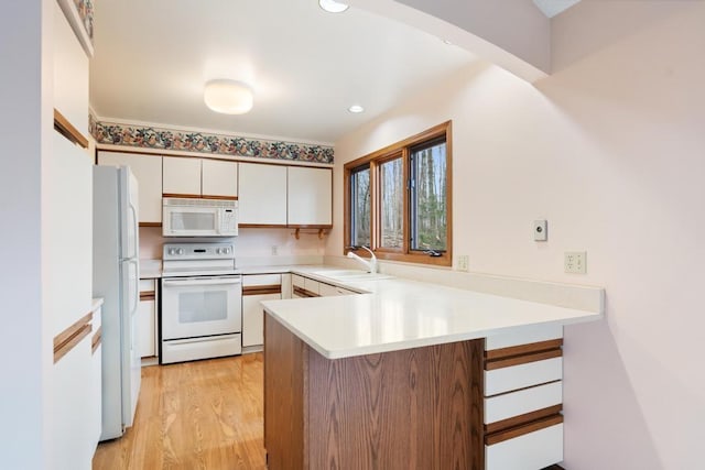 1871 Cherry Hill Ct, Harbor Springs, MI 49740 - kitchen with light wood finished floors, a peninsula, a sink, white appliances, and light countertops