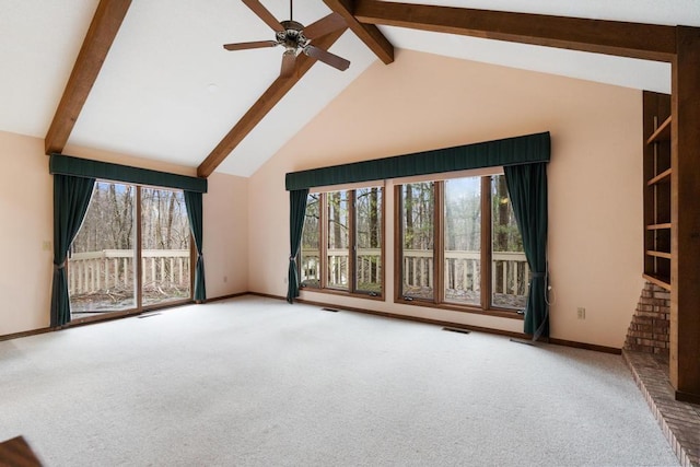 1871 Cherry Hill Ct, Harbor Springs, MI 49740 - carpeted spare room with visible vents, beamed ceiling, baseboards, high vaulted ceiling, and ceiling fan