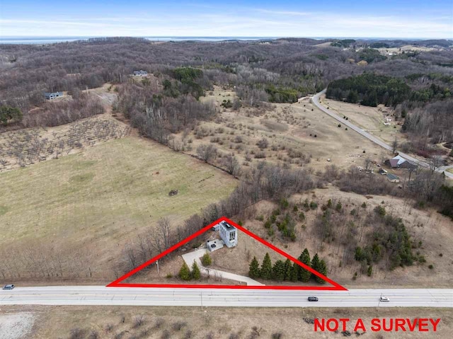 bird's eye view featuring a rural view and a wooded view