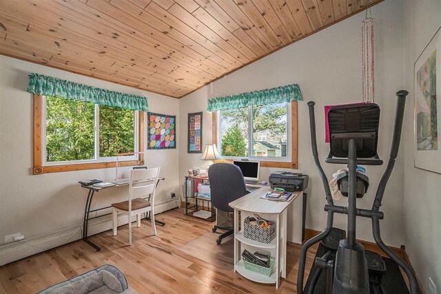 office space featuring lofted ceiling, a healthy amount of sunlight, wood ceiling, and light wood-style floors