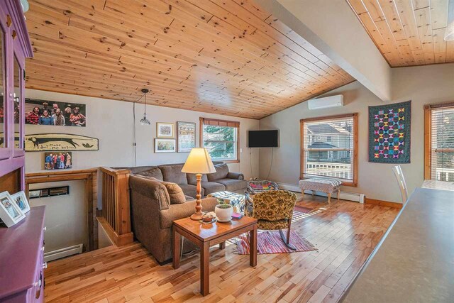 living room with vaulted ceiling with beams, a wall unit AC, light wood-type flooring, wood ceiling, and baseboard heating