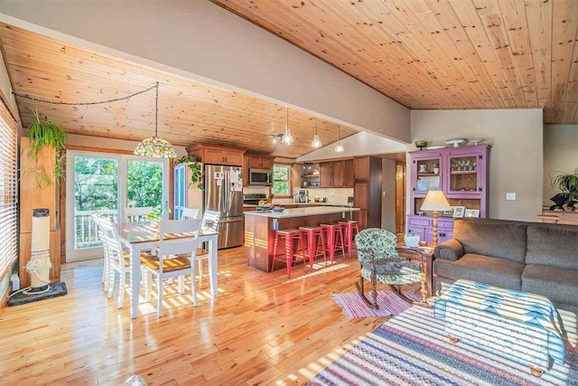 living area featuring lofted ceiling, light wood finished floors, and wood ceiling