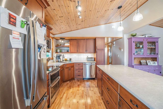 kitchen with open shelves, a sink, wooden ceiling, lofted ceiling, and appliances with stainless steel finishes