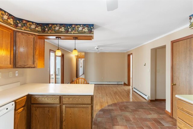 kitchen featuring a baseboard heating unit, white dishwasher, crown molding, a peninsula, and ceiling fan