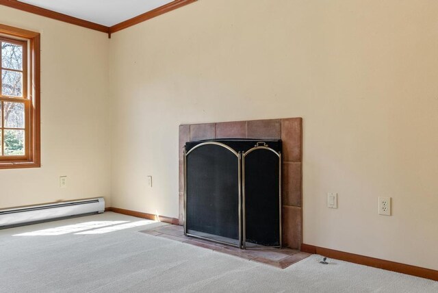room details with a baseboard radiator, carpet flooring, baseboards, and ornamental molding