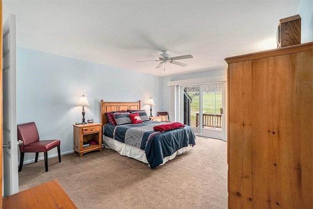 bedroom featuring access to exterior, ceiling fan, light colored carpet, and baseboards