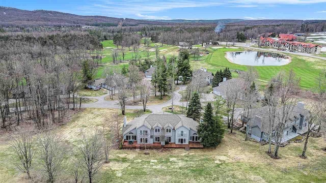 drone / aerial view featuring a water and mountain view and a view of trees