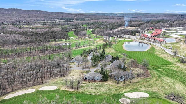 bird's eye view featuring a water and mountain view and view of golf course
