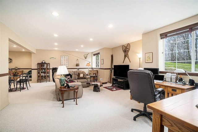 office space featuring recessed lighting and carpet