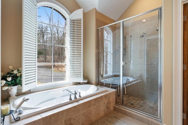 bathroom with a garden tub, a stall shower, and a healthy amount of sunlight
