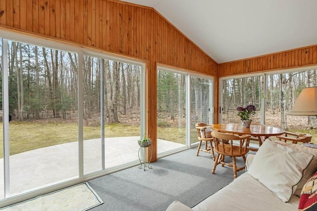 8913 Horseshoe Dr, Harbor Springs, MI 49740 - sunroom featuring wooden walls and vaulted ceiling