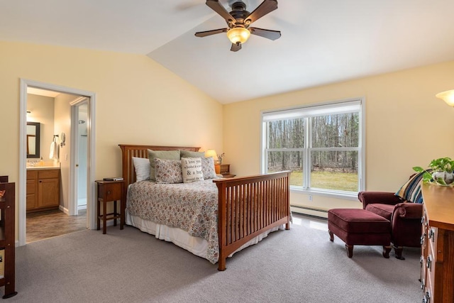 8913 Horseshoe Dr, Harbor Springs, MI 49740 - bedroom featuring lofted ceiling, baseboard heating, carpet floors, a ceiling fan, and ensuite bath