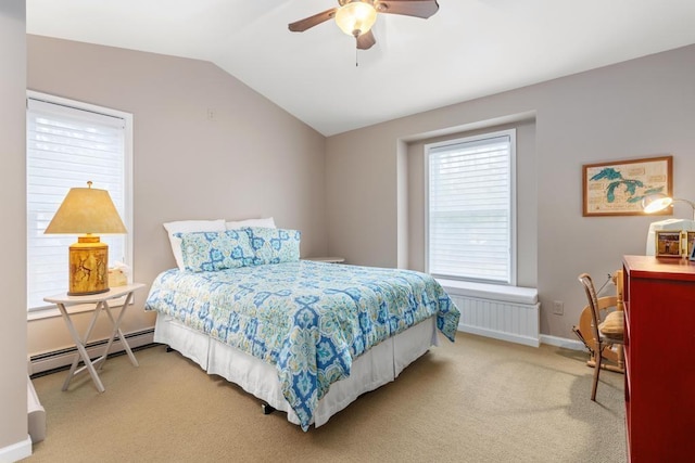 8913 Horseshoe Dr, Harbor Springs, MI 49740 - bedroom with radiator heating unit, lofted ceiling, light colored carpet, and a baseboard radiator