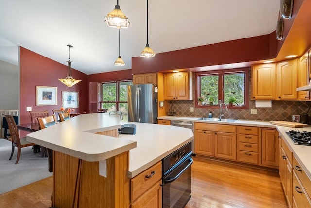 8913 Horseshoe Dr, Harbor Springs, MI 49740 - kitchen featuring tasteful backsplash, appliances with stainless steel finishes, light countertops, a sink, and lofted ceiling