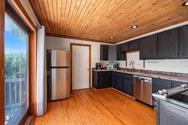 11601 Sequanota Heights Dr, Charlevoix, MI 49720 - kitchen featuring a sink, stainless steel appliances, light wood-type flooring, wood ceiling, and dark cabinets