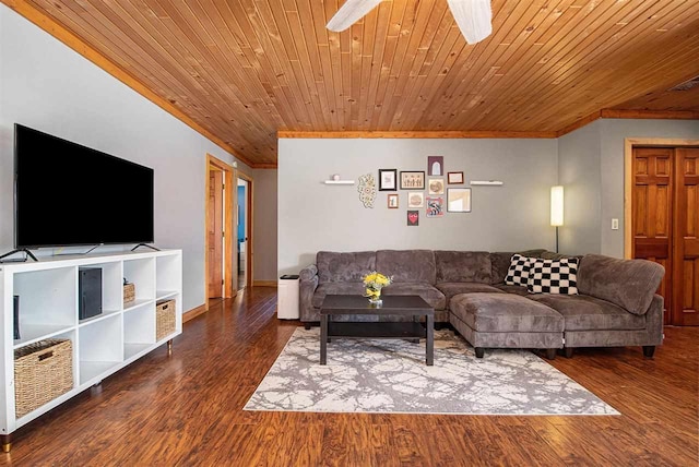 11601 Sequanota Heights Dr, Charlevoix, MI 49720 - living room with ornamental molding, ceiling fan, wooden ceiling, and wood finished floors