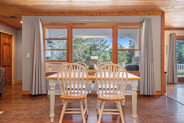 11601 Sequanota Heights Dr, Charlevoix, MI 49720 - dining space featuring visible vents, baseboards, wood finished floors, and wood ceiling