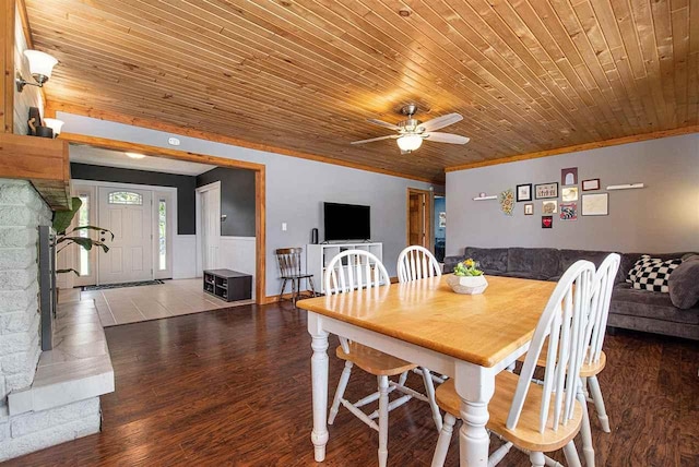 11601 Sequanota Heights Dr, Charlevoix, MI 49720 - dining room featuring crown molding, wooden ceiling, a fireplace, wood finished floors, and a ceiling fan