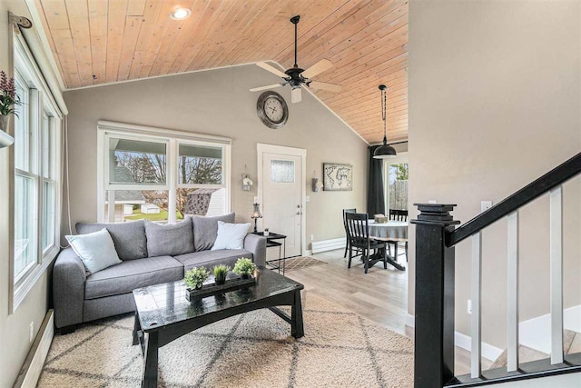 living room with a ceiling fan, wooden ceiling, baseboards, lofted ceiling, and stairs