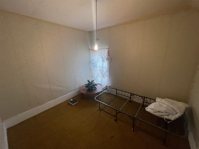 unfurnished dining area with baseboards and carpet flooring
