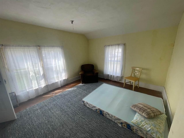bedroom featuring baseboards and lofted ceiling
