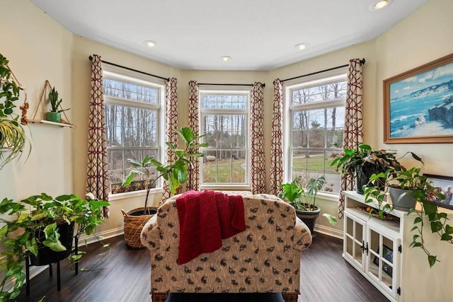 living area with baseboards, recessed lighting, and dark wood finished floors