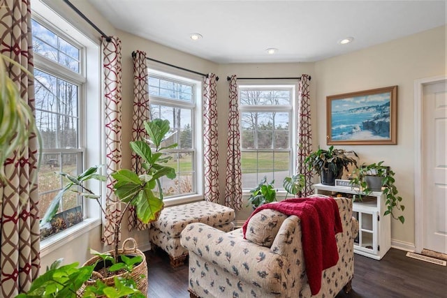 sitting room with baseboards, dark wood finished floors, and a wealth of natural light