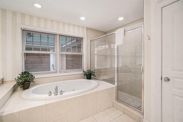 full bathroom featuring tile patterned flooring, recessed lighting, a garden tub, and a shower stall