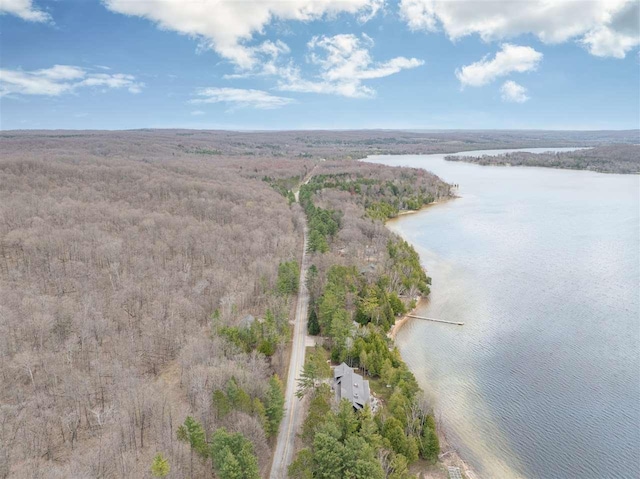birds eye view of property with a water view and a view of trees