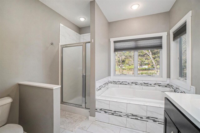 full bathroom featuring vanity, a bath, a stall shower, and toilet