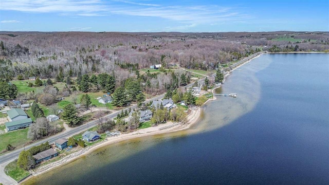 birds eye view of property featuring a water view and a wooded view
