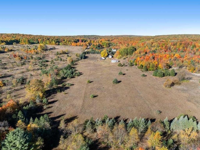 drone / aerial view featuring a forest view