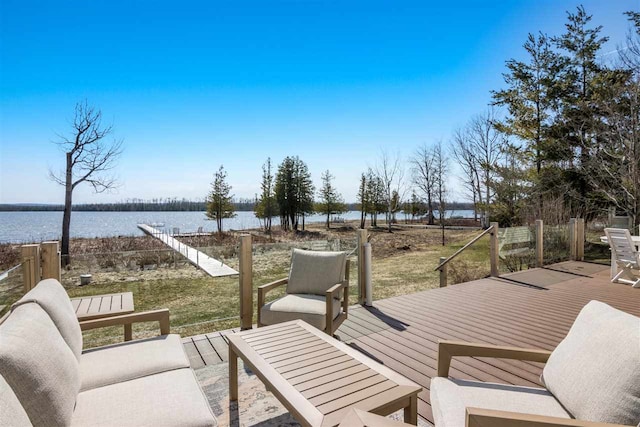 view of patio with a deck with water view
