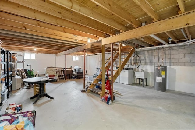 204 Winfield Ave, Petoskey, MI 49770 - basement featuring a sink, washer / dryer, stairway, and electric water heater