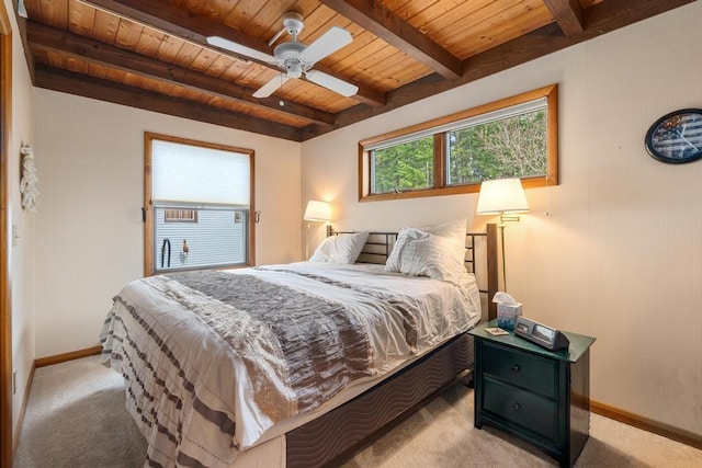 bedroom with beamed ceiling, wooden ceiling, baseboards, and light carpet