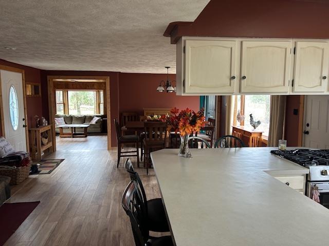 8118 E Mitchell St, Petoskey, MI 49770 - kitchen featuring white cabinets, light countertops, a textured ceiling, a chandelier, and wood finished floors