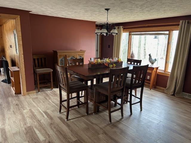 8118 E Mitchell St, Petoskey, MI 49770 - dining space with light wood-style flooring, a textured ceiling, and a chandelier